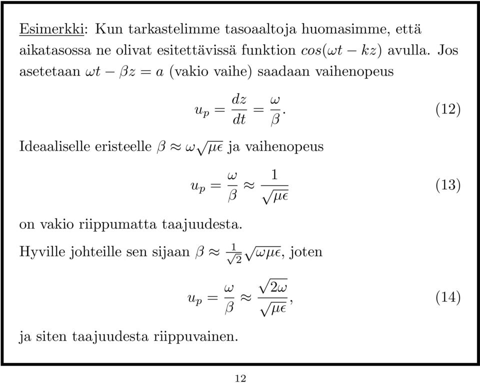 Jos asetetaan ωt βz = a (vakio vaihe) saadaan vaihenopeus Ideaaliselle eristeelle β ω µɛ ja