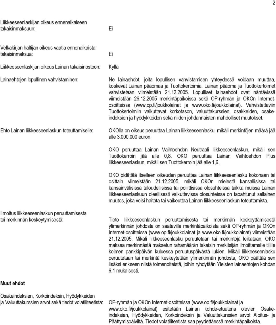 Lainan pääoma ja Tuottokertoimet vahvistetaan viimeistään 21.12.2005. Lopulliset lainaehdot ovat nähtävissä viimeistään 26.12.2005 merkintäpaikoissa sekä OP-ryhmän ja OKOn Internetosoitteissa (www.op.fi/joukkolainat ja www.