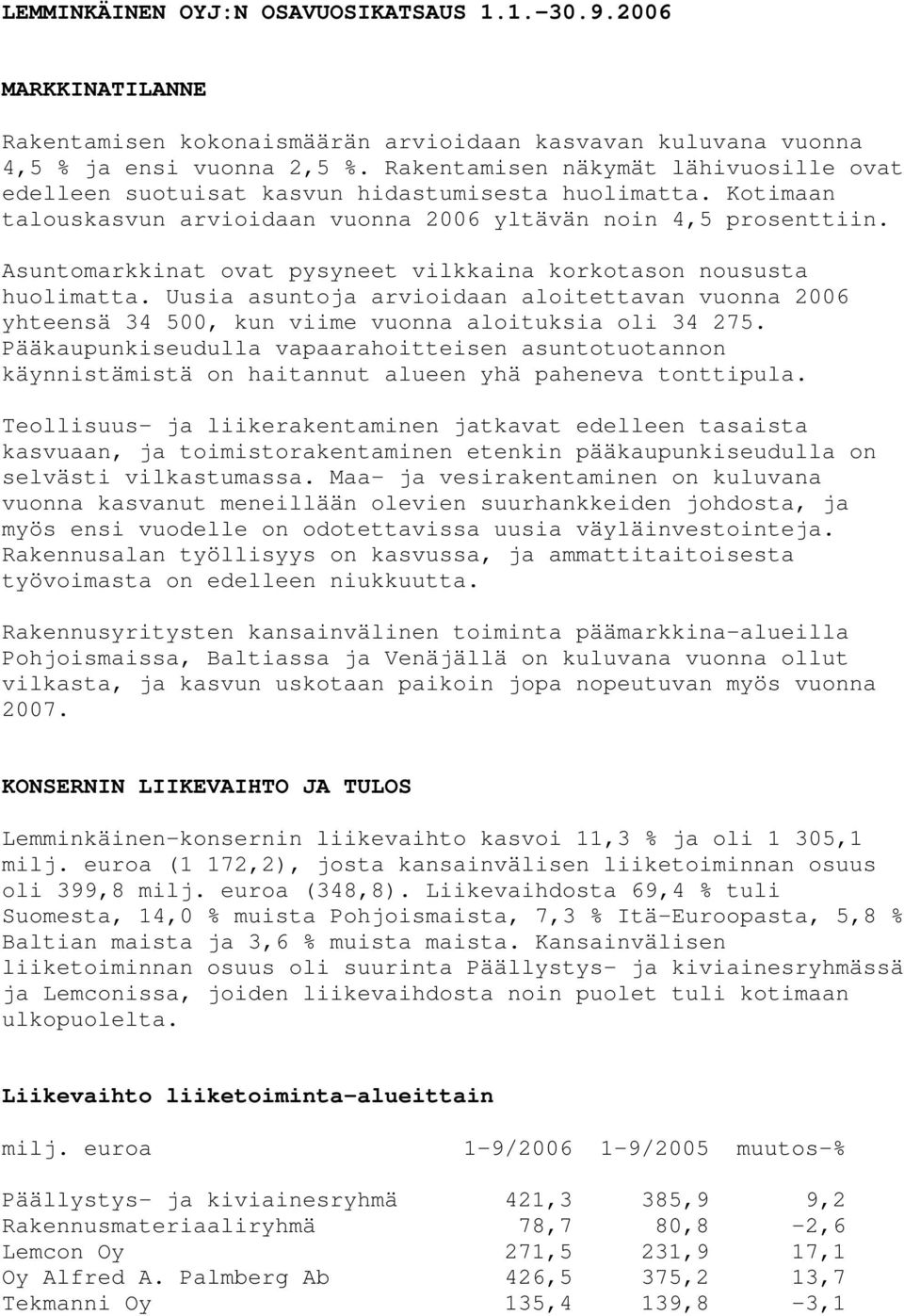 Asuntomarkkinat ovat pysyneet vilkkaina korkotason noususta huolimatta. Uusia asuntoja arvioidaan aloitettavan vuonna 2006 yhteensä 34 500, kun viime vuonna aloituksia oli 34 275.