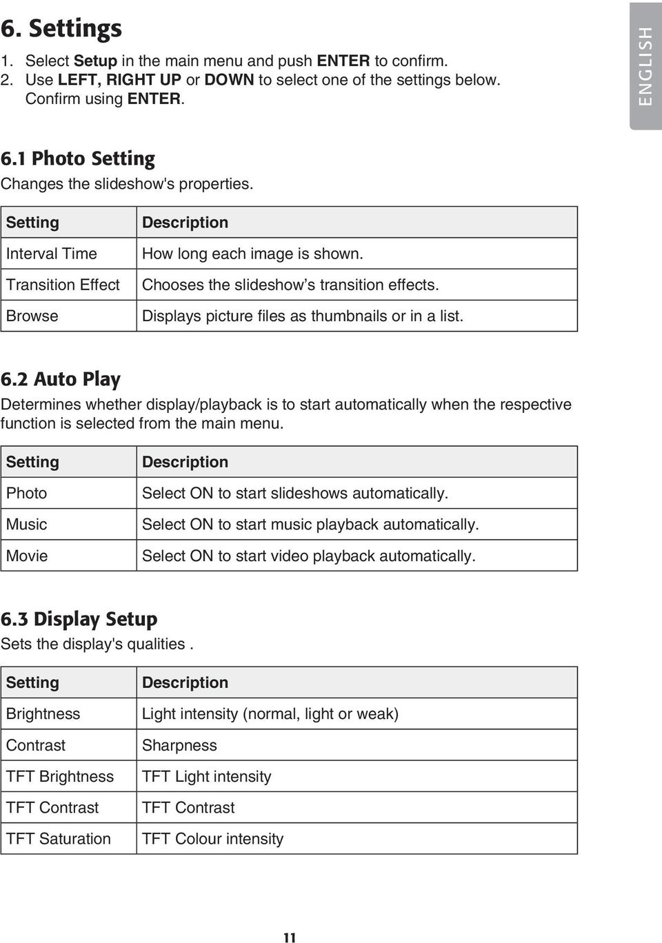 Displays picture files as thumbnails or in a list. 6.2 Auto Play Determines whether display/playback is to start automatically when the respective function is selected from the main menu.