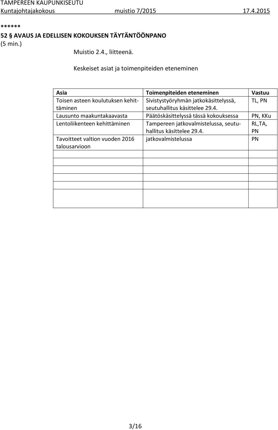 Sivistystyöryhmän jatkokäsittelyssä, TL, PN seutuhallitus käsittelee 29.4.