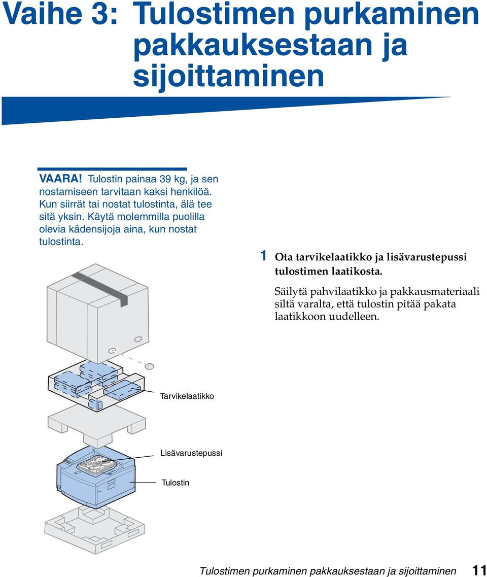 Käytä molemmilla puolilla olevia kädensijoja aina, kun nostat tulostinta.