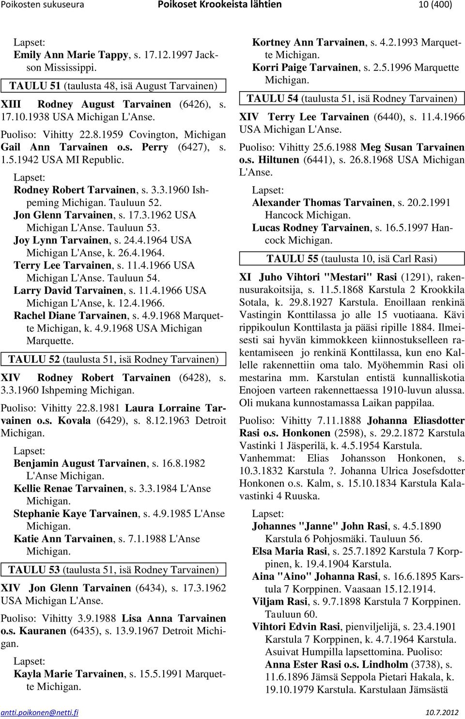 Tauluun 52. Jon Glenn Tarvainen, s. 17.3.1962 USA Michigan L'Anse. Tauluun 53. Joy Lynn Tarvainen, s. 24.4.1964 USA Michigan L'Anse, k. 26.4.1964. Terry Lee Tarvainen, s. 11.4.1966 USA Michigan L'Anse.