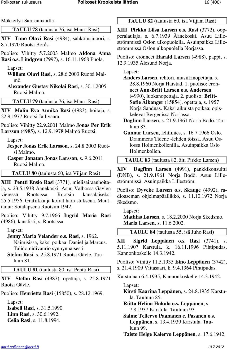 TAULU 79 (taulusta 76, isä Mauri Rasi) XIV Malin Eva Annika Rasi (4983), hoitaja, s. 22.9.1977 Ruotsi Jällivaara. Puoliso: Vihitty 22.9.2001 Malmö Jonas Per Erik Larsson (4985), s. 12.9.1978 Malmö Ruotsi.