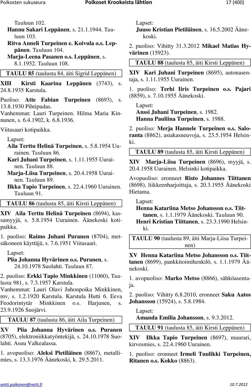 Puoliso: Atte Fabian Turpeinen (8693), s. 13.8.1930 Pihtipudas. Vanhemmat: Lauri Turpeinen. Hilma Maria Kinnunen, s. 6.4.1902, k. 6.8.1936. Viitasaari kotipaikka. Aila Terttu Helinä Turpeinen, s. 5.8.1954 Uurainen.