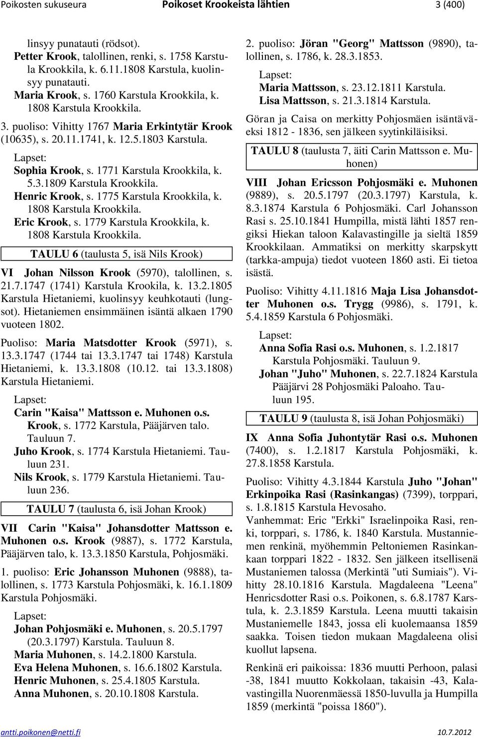 1771 Karstula Krookkila, k. 5.3.1809 Karstula Krookkila. Henric Krook, s. 1775 Karstula Krookkila, k. 1808 Karstula Krookkila.