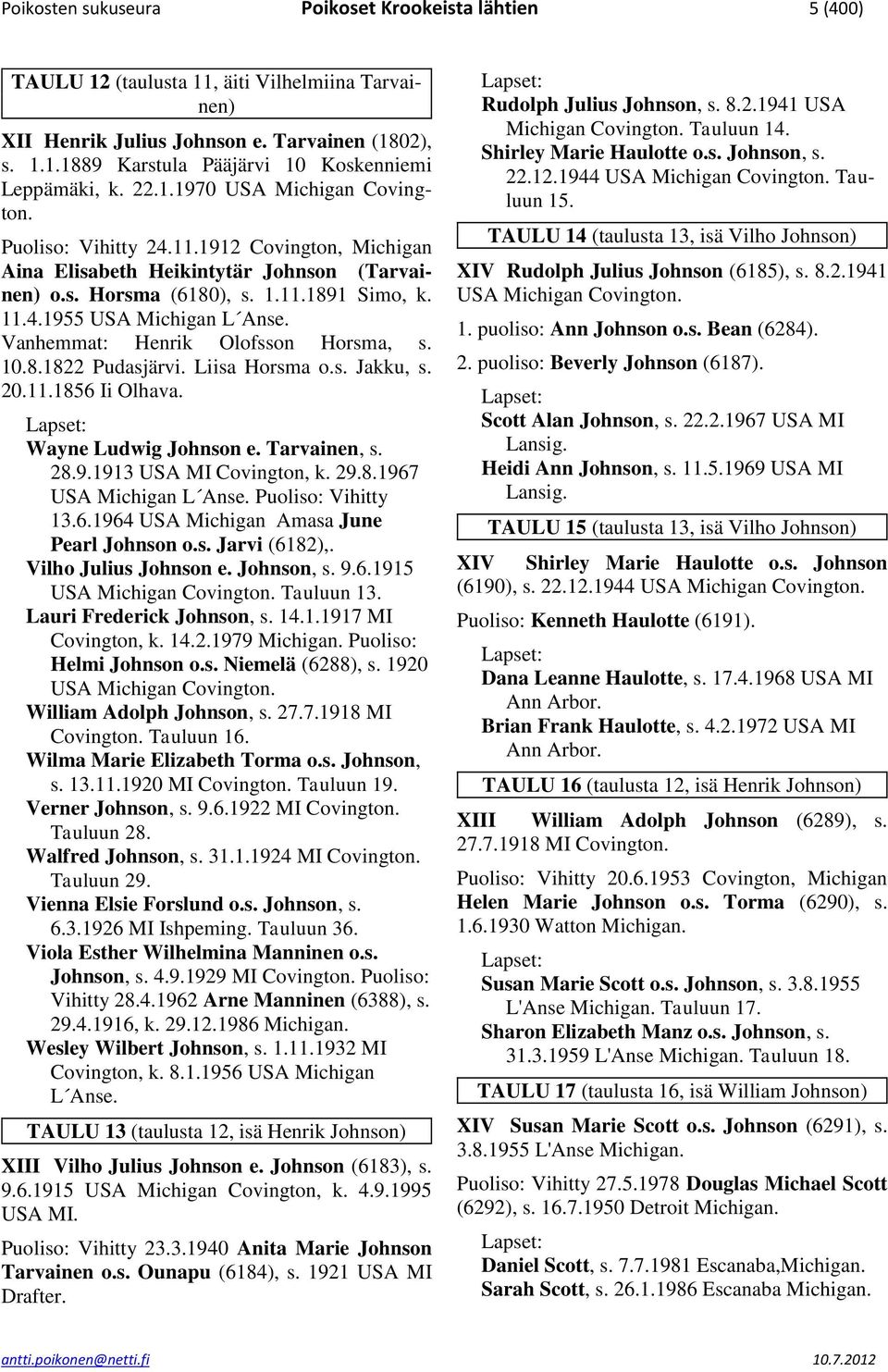 Vanhemmat: Henrik Olofsson Horsma, s. 10.8.1822 Pudasjärvi. Liisa Horsma o.s. Jakku, s. 20.11.1856 Ii Olhava. Wayne Ludwig Johnson e. Tarvainen, s. 28.9.1913 USA MI Covington, k. 29.8.1967 USA Michigan L Anse.