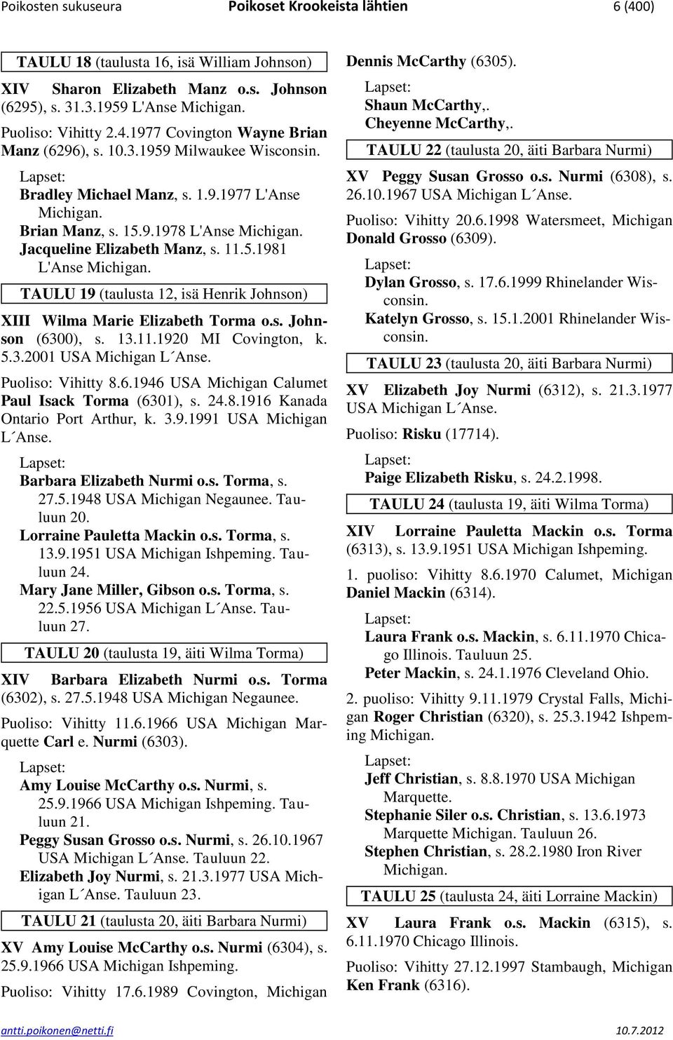 TAULU 19 (taulusta 12, isä Henrik Johnson) XIII Wilma Marie Elizabeth Torma o.s. Johnson (6300), s. 13.11.1920 MI Covington, k. 5.3.2001 USA Michigan L Anse. Puoliso: Vihitty 8.6.1946 USA Michigan Calumet Paul Isack Torma (6301), s.