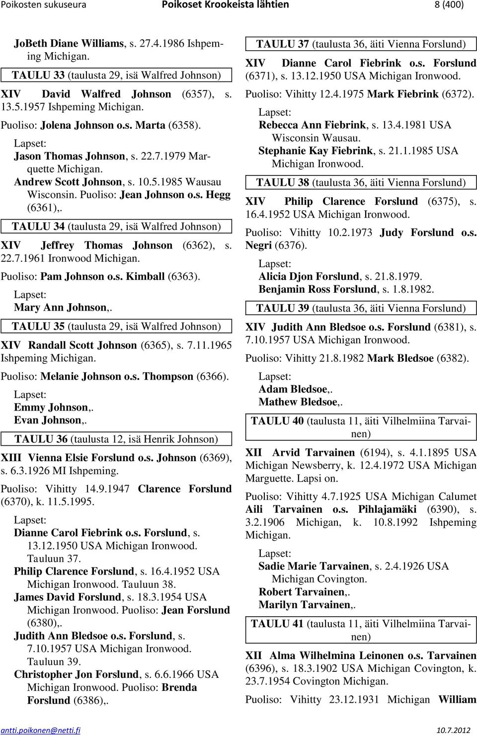 Puoliso: Jean Johnson o.s. Hegg (6361),. TAULU 34 (taulusta 29, isä Walfred Johnson) XIV Jeffrey Thomas Johnson (6362), s. 22.7.1961 Ironwood Michigan. Puoliso: Pam Johnson o.s. Kimball (6363).