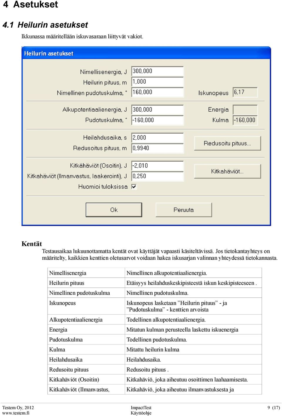 Heilurin pituus Etäisyys heilahduskeskipisteestä iskun keskipisteeseen. Nimellinen pudotuskulma Iskunopeus Alkupotentiaalienergia Energia Pudotuskulma Kulma Heilahdusaika Nimellinen pudotuskulma.