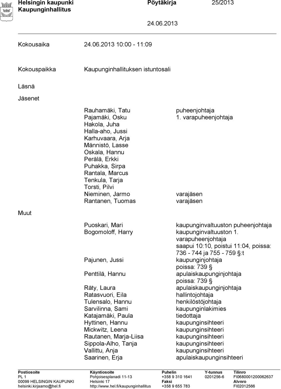 varapuheenjohtaja varajäsen varajäsen Muut Puoskari, Mari kaupunginvaltuuston puheenjohtaja Bogomoloff, Harry kaupunginvaltuuston 1.