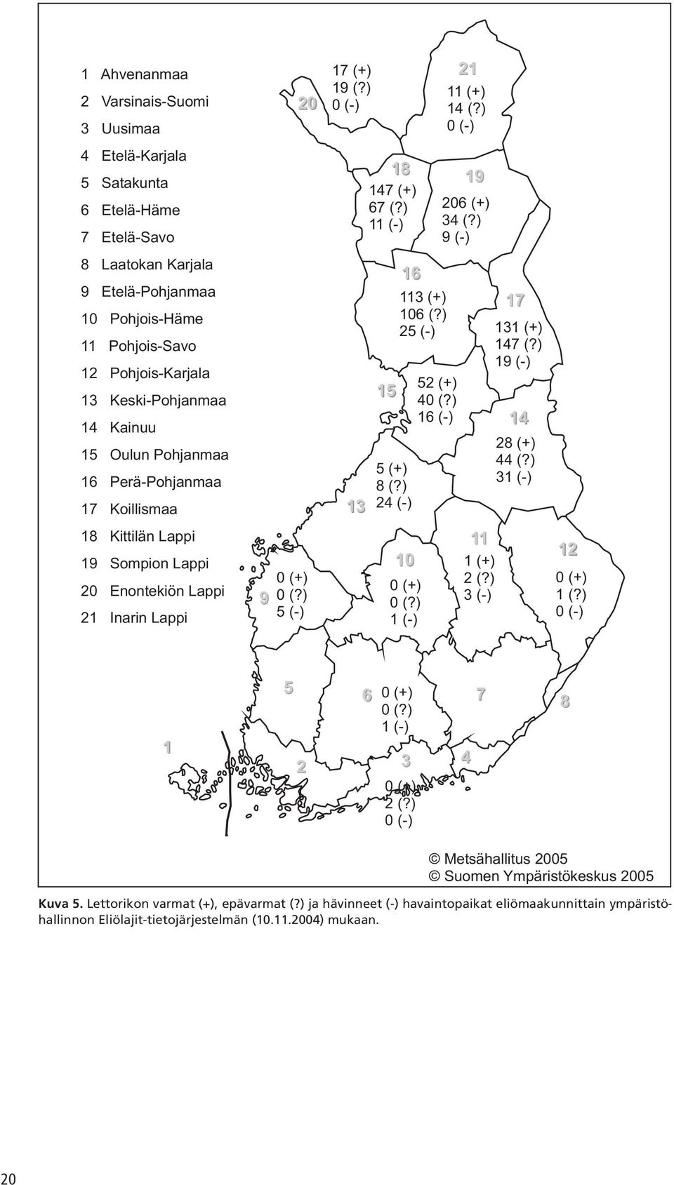 ) 25 (-) 5 (+) 8 (?) 24 (-) 52 (+) 40 (?) 16 (-) 17 131 (+) 147 (?) 19 (-) 14 28 (+) 44 (?) 31 (-) 18 Kittilän Lappi 19 Sompion Lappi 20 Enontekiön Lappi 21 Inarin Lappi 9 0 (+) 0 (?