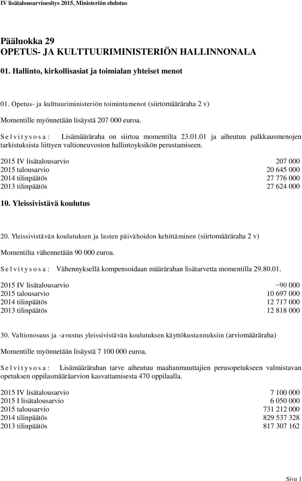 01 ja aiheutuu palkkausmenojen tarkistuksista liittyen valtioneuvoston hallintoyksikön perustamiseen.