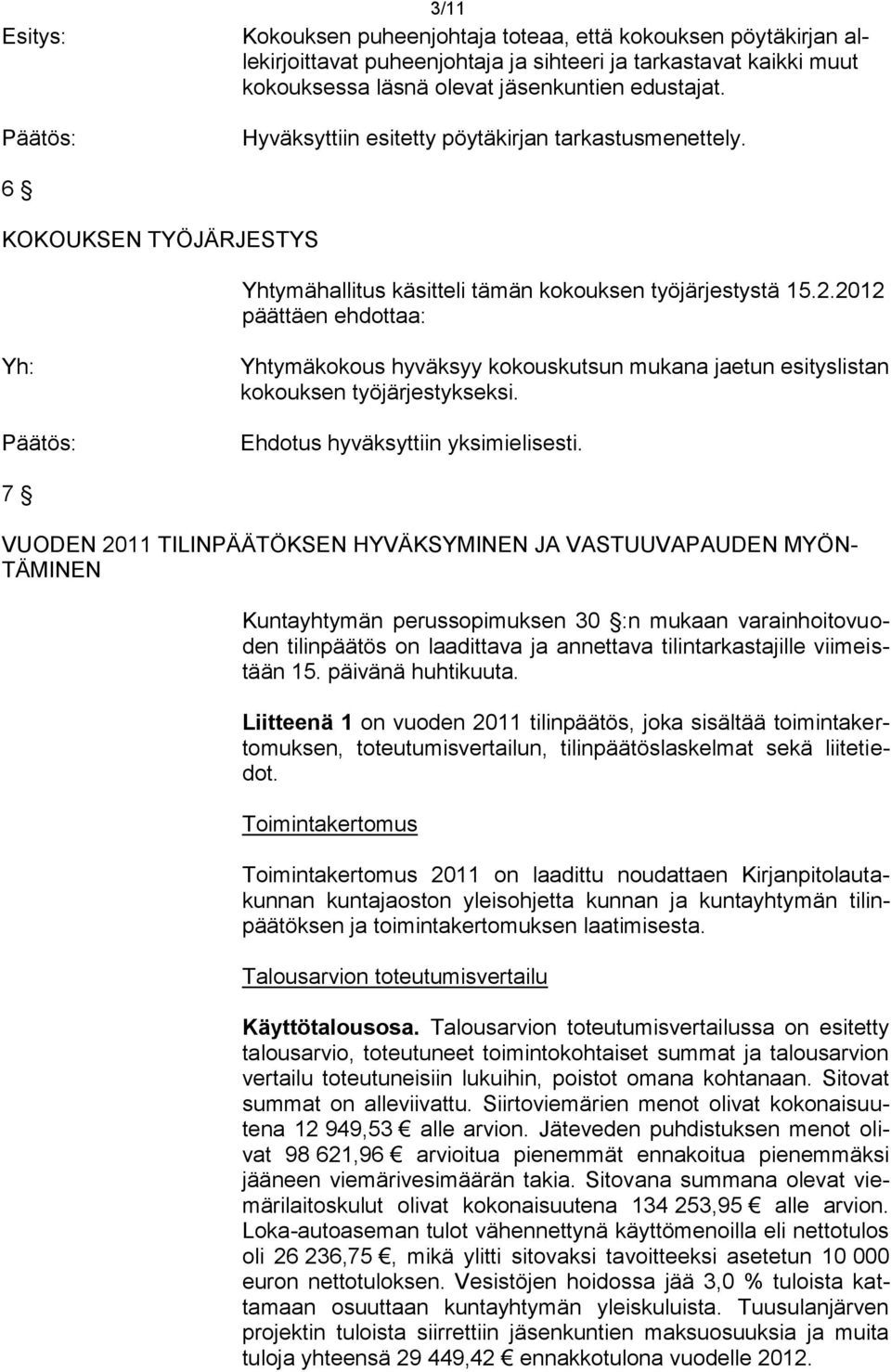 2012 päättäen ehdottaa: Yh: Yhtymäkokous hyväksyy kokouskutsun mukana jaetun esityslistan kokouksen työjärjestykseksi. Ehdotus hyväksyttiin yksimielisesti.
