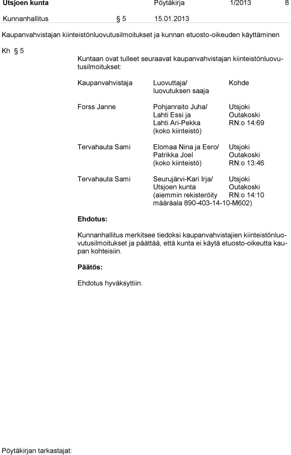 2013 Kaupanvahvistajan kiinteistönluovutusilmoitukset ja kunnan etuosto-oikeuden käyttäminen Kh 5 Kuntaan ovat tulleet seuraavat kaupanvahvistajan kiinteistönluovutusilmoitukset: