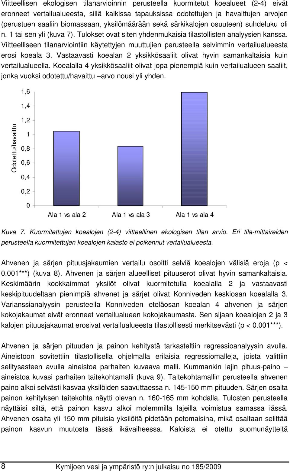 Viitteelliseen tilanarviointiin käytettyjen muuttujien perusteella selvimmin vertailualueesta erosi koeala 3. Vastaavasti koealan 2 yksikkösaaliit olivat hyvin samankaltaisia kuin vertailualueella.