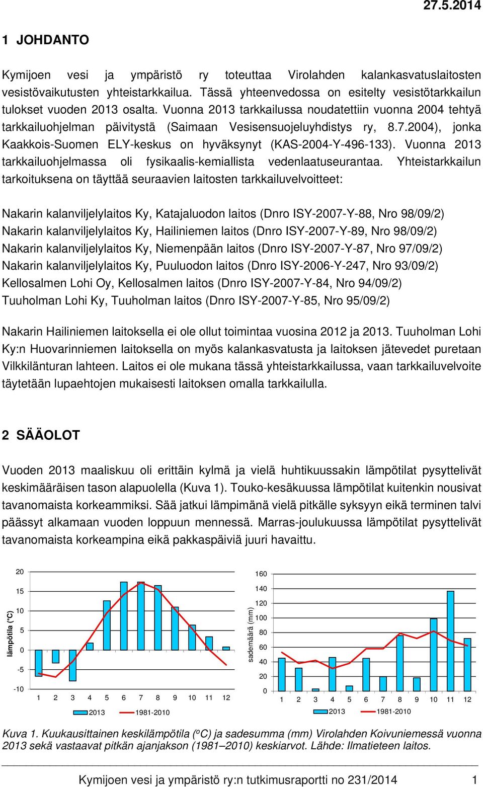 Vuonna 2013 tarkkailussa noudatettiin vuonna 2004 tehtyä tarkkailuohjelman päivitystä (Saimaan Vesisensuojeluyhdistys ry, 8.7.