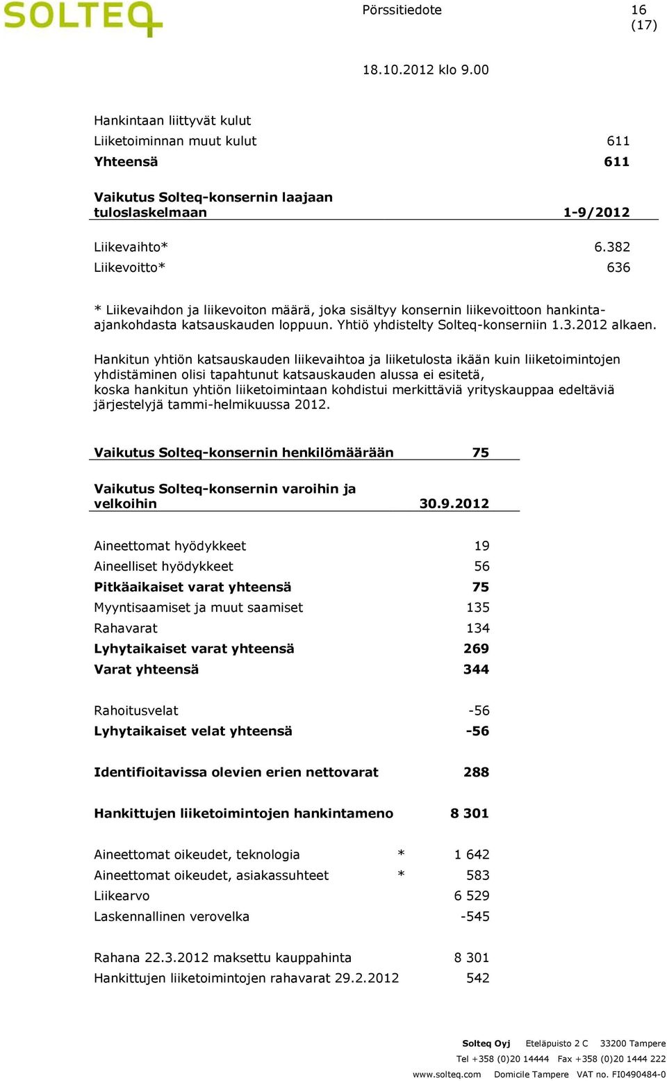 Hankitun yhtiön katsauskauden liikevaihtoa ja liiketulosta ikään kuin liiketoimintojen yhdistäminen olisi tapahtunut katsauskauden alussa ei esitetä, koska hankitun yhtiön liiketoimintaan kohdistui