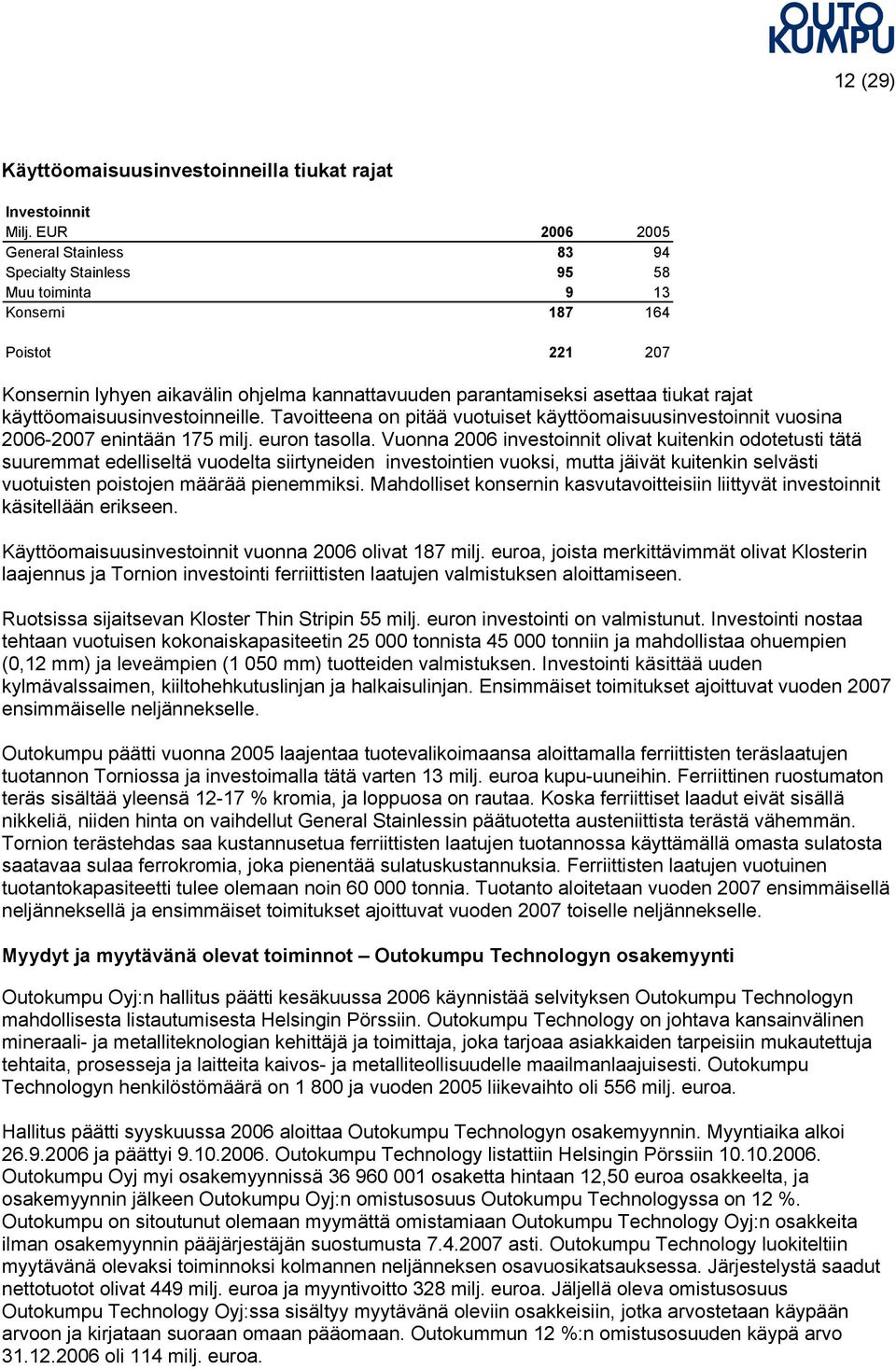 rajat käyttöomaisuusinvestoinneille. Tavoitteena on pitää vuotuiset käyttöomaisuusinvestoinnit vuosina 2006-2007 enintään 175 milj. euron tasolla.