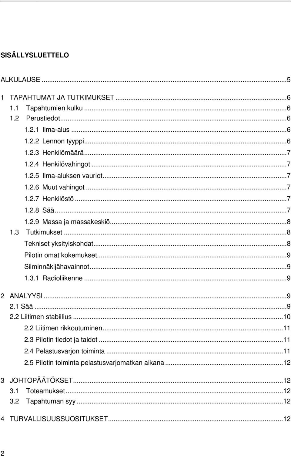 ..8 Pilotin omat kokemukset...9 Silminnäkijähavainnot...9 1.3.1 Radioliikenne...9 2 ANALYYSI...9 2.1 Sää...9 2.2 Liitimen stabiilius...10 2.2 Liitimen rikkoutuminen...11 2.