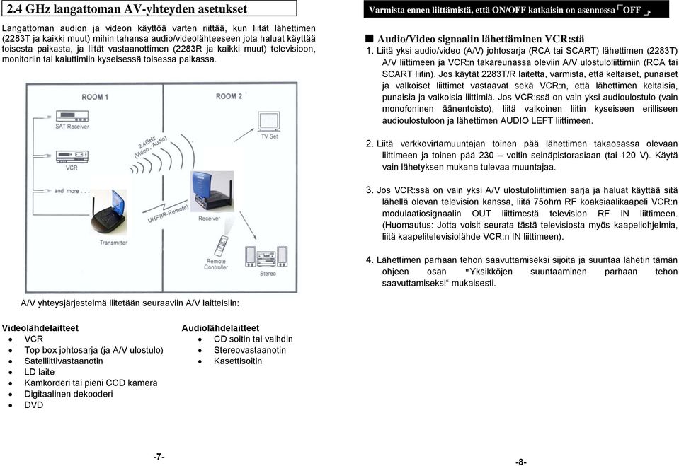 Varmista ennen liittämistä, että ON/OFF katkaisin on asennossa c OFF f. Audio/Video signaalin lähettäminen VCR:stä 1.