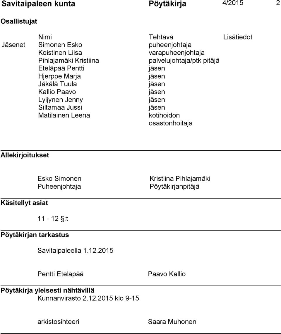 kotihoidon osastonhoitaja Allekirjoitukset Esko Simonen Puheenjohtaja Kristiina Pihlajamäki Pöytäkirjanpitäjä Käsitellyt asiat 11-12 :t Pöytäkirjan