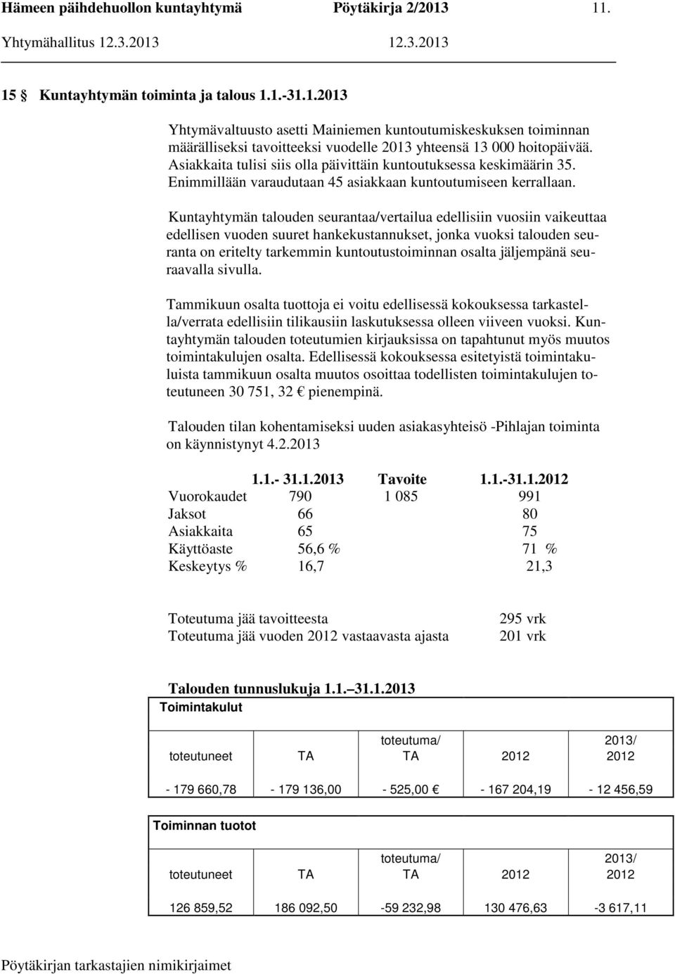 Kuntayhtymän talouden seurantaa/vertailua edellisiin vuosiin vaikeuttaa edellisen vuoden suuret hankekustannukset, jonka vuoksi talouden seuranta on eritelty tarkemmin kuntoutustoiminnan osalta