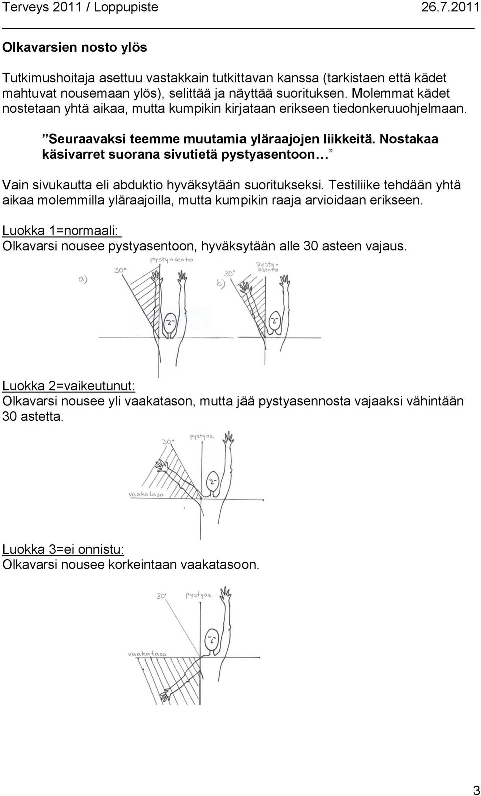 Nostakaa käsivarret suorana sivutietä pystyasentoon Vain sivukautta eli abduktio hyväksytään suoritukseksi.