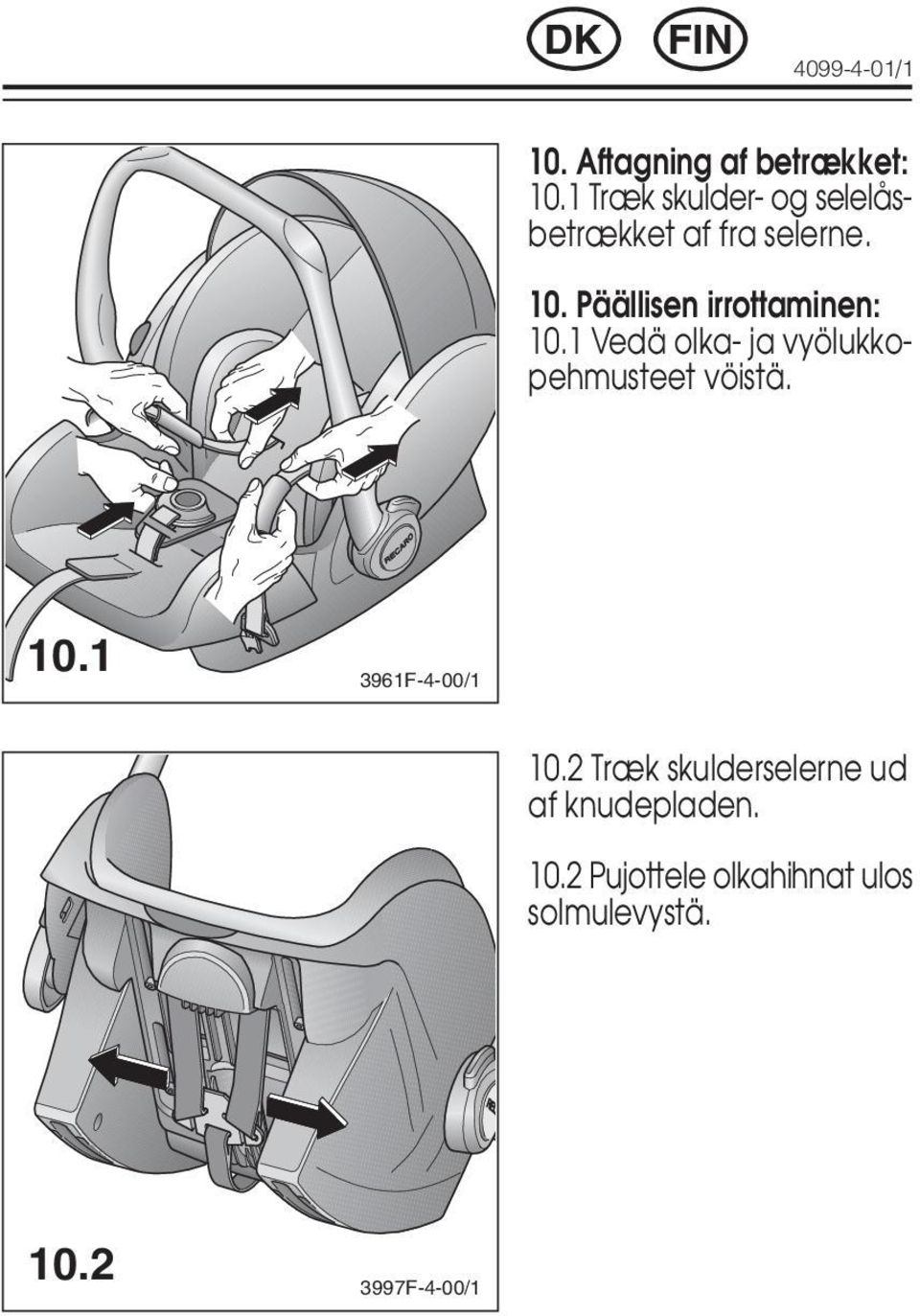 Päällisen irrottaminen: 10.1 Vedä olka- ja vyölukkopehmusteet vöistä. 10.1 3961F-4-00/1 10.