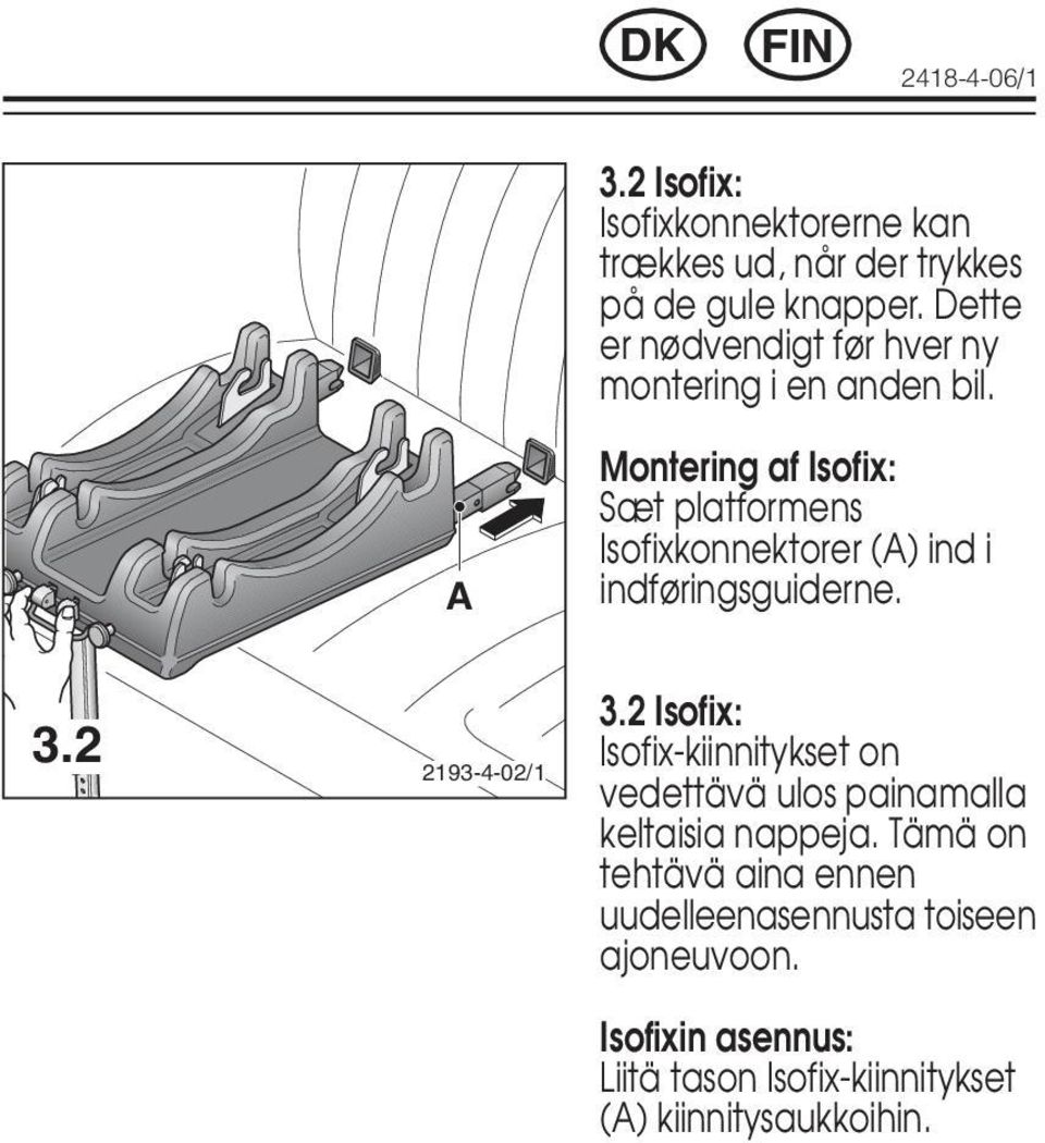 2 2193-4-02/1 Montering af Isofix: Sæt platformens Isofixkonnektorer (A) ind i indføringsguiderne. 3.