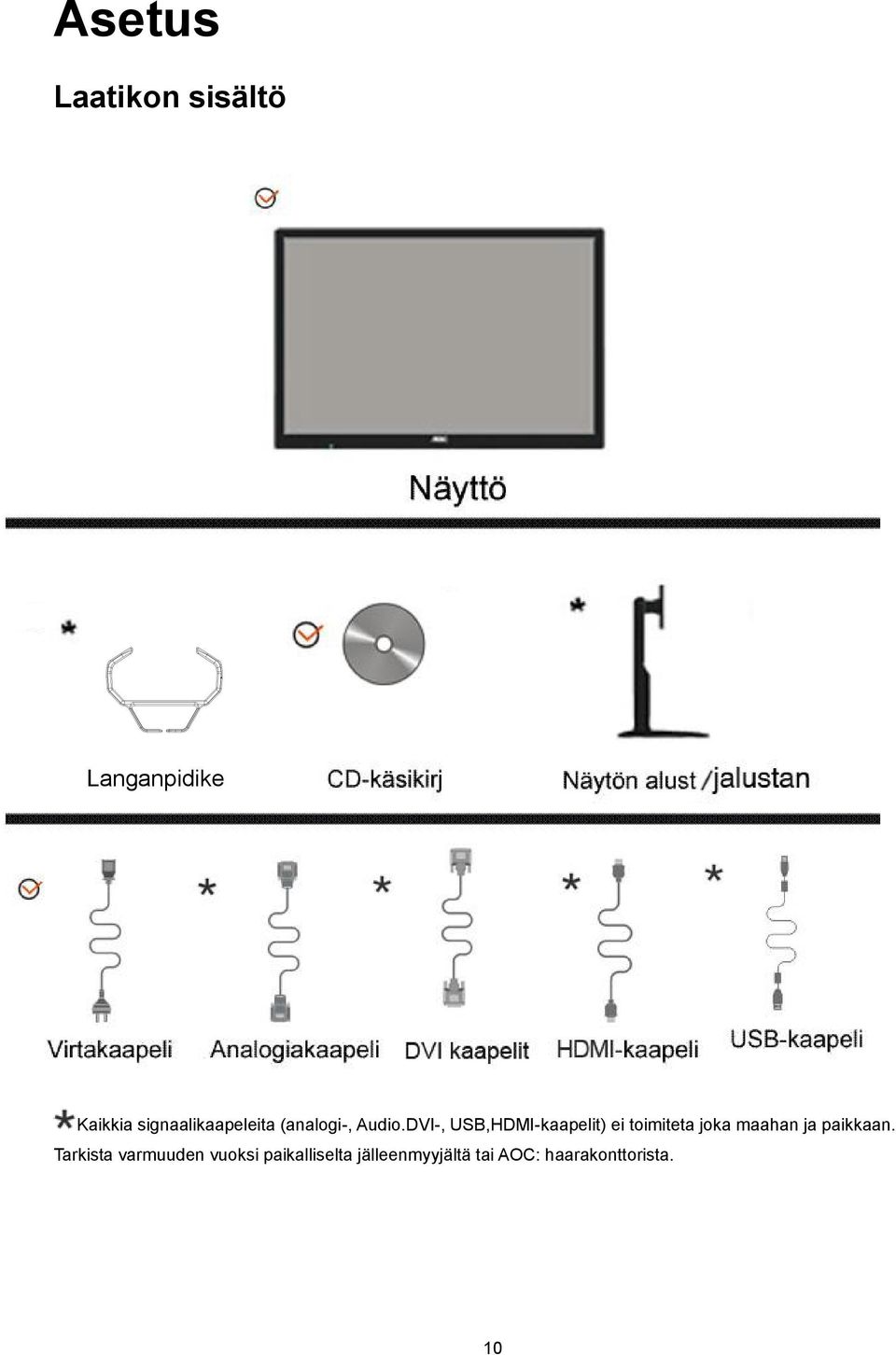 DVI-, USB,HDMI-kaapelit) ei toimiteta joka maahan ja