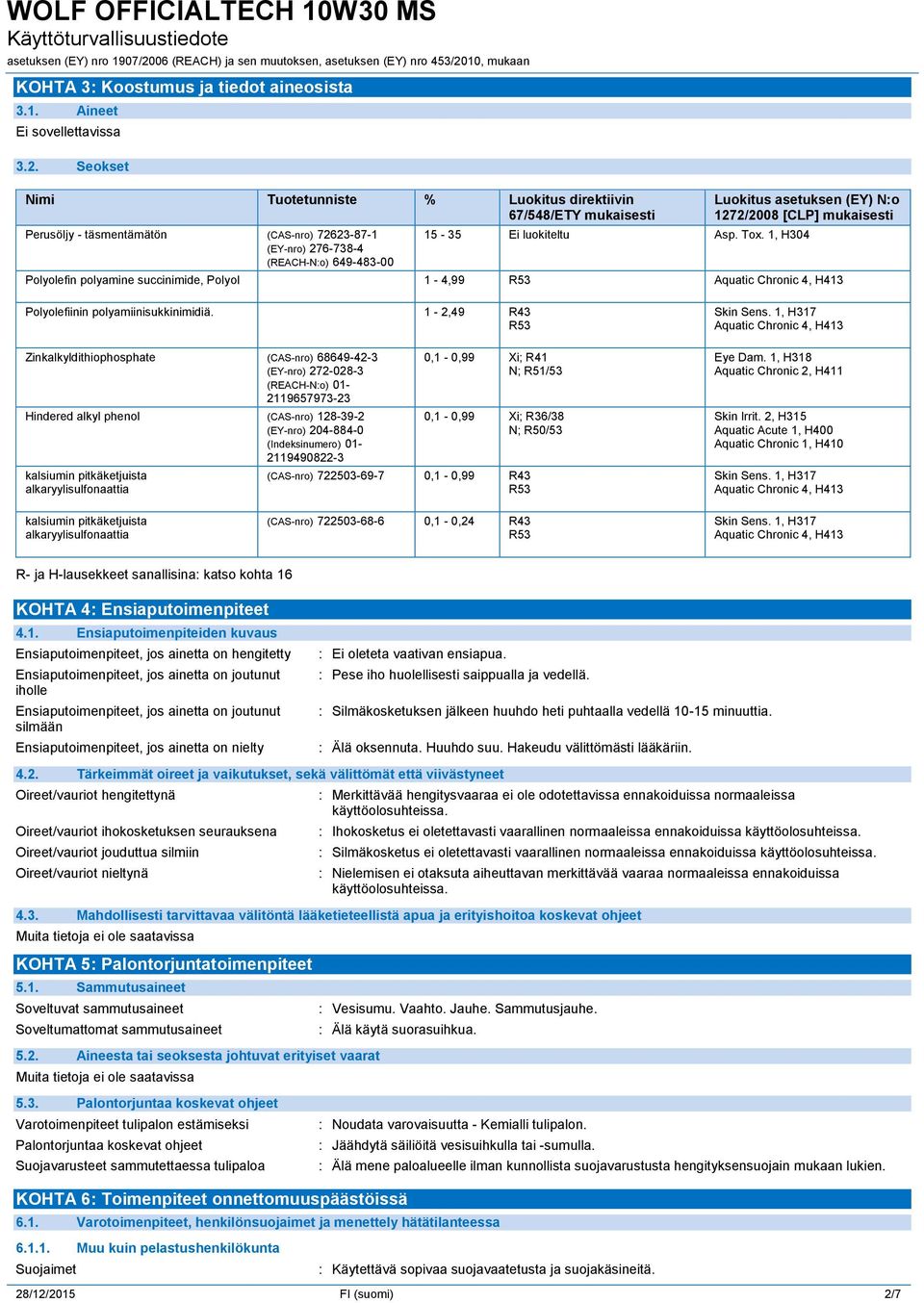 [CLP] mukaisesti 15-35 Ei luokiteltu Asp. Tox. 1, H304 Polyolefin polyamine succinimide, Polyol 1-4,99 Aquatic Chronic 4, H413 Polyolefiinin polyamiinisukkinimidiä.