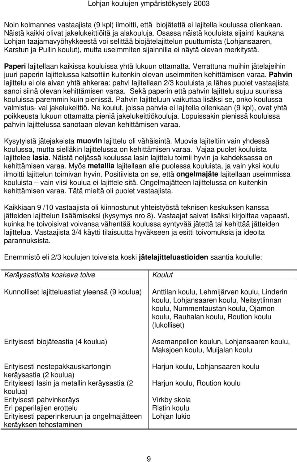 merkitystä. Paperi lajitellaan kaikissa kouluissa yhtä lukuun ottamatta. Verrattuna muihin jätelajeihin juuri paperin lajittelussa katsottiin kuitenkin olevan useimmiten kehittämisen varaa.