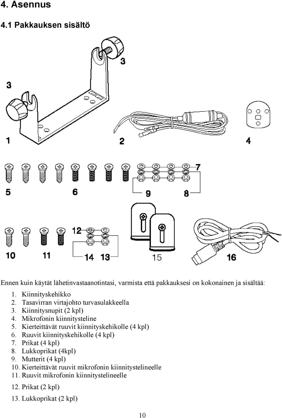 Kierteittävät ruuvit kiinnityskehikolle (4 kpl) 6. Ruuvit kiinnityskehikolle (4 kpl) 7. Prikat (4 kpl) 8. Lukkoprikat (4kpl) 9.