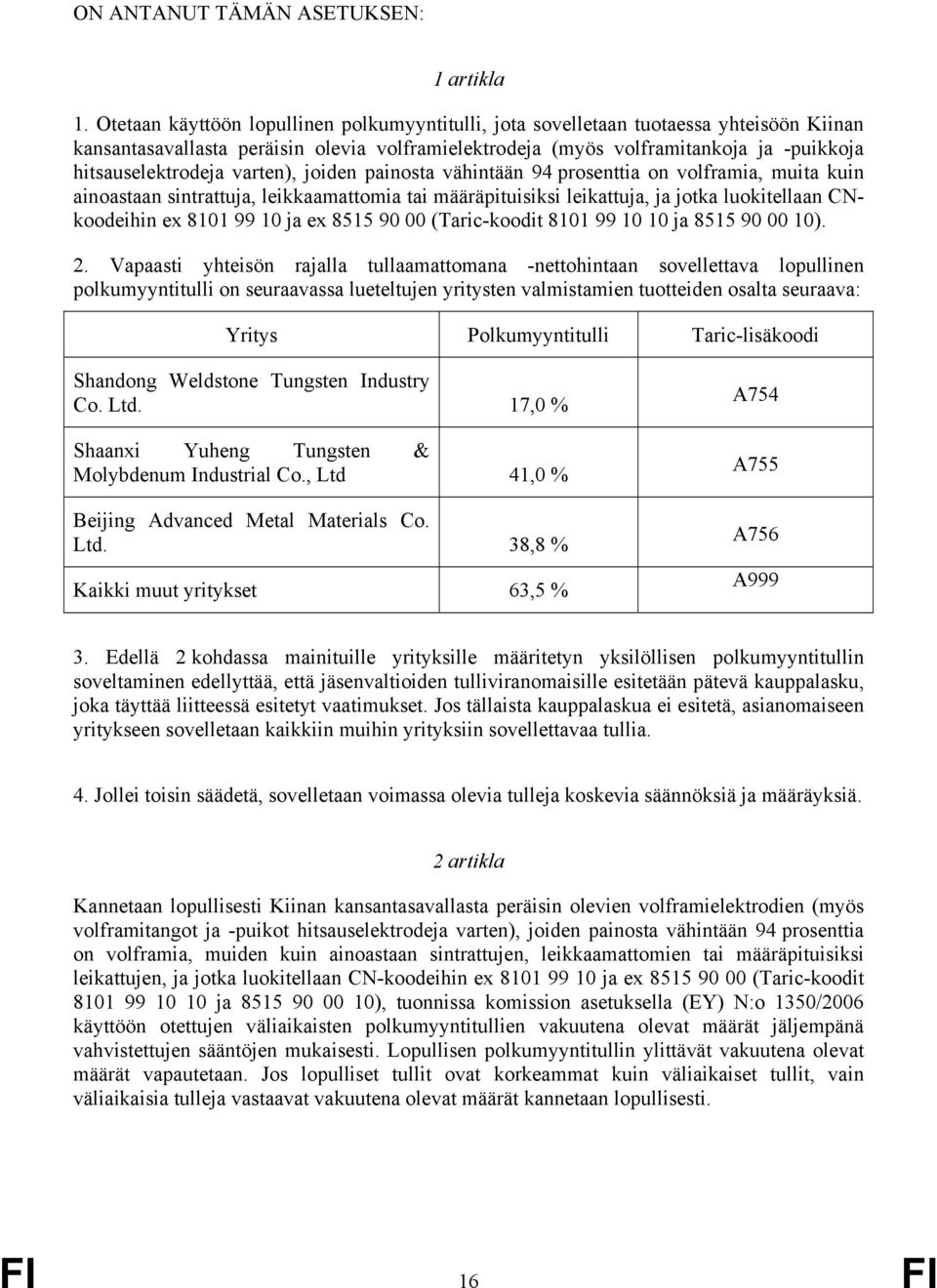 varten), joiden painosta vähintään 94 prosenttia on volframia, muita kuin ainoastaan sintrattuja, leikkaamattomia tai määräpituisiksi leikattuja, ja jotka luokitellaan CNkoodeihin ex 8101 99 10 ja ex