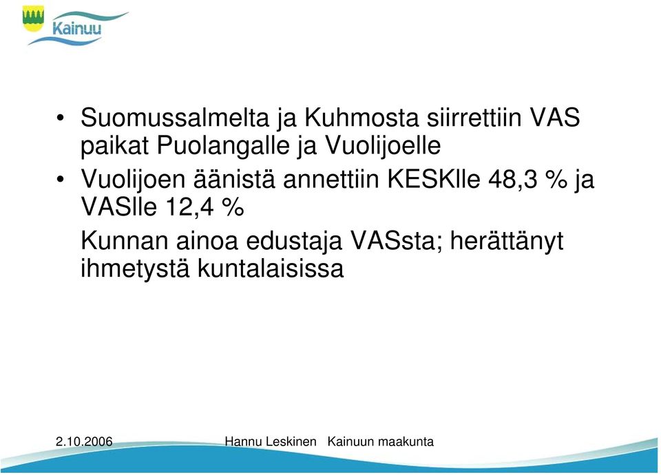 annettiin KESKlle 48,3 % ja VASlle 12,4 % Kunnan