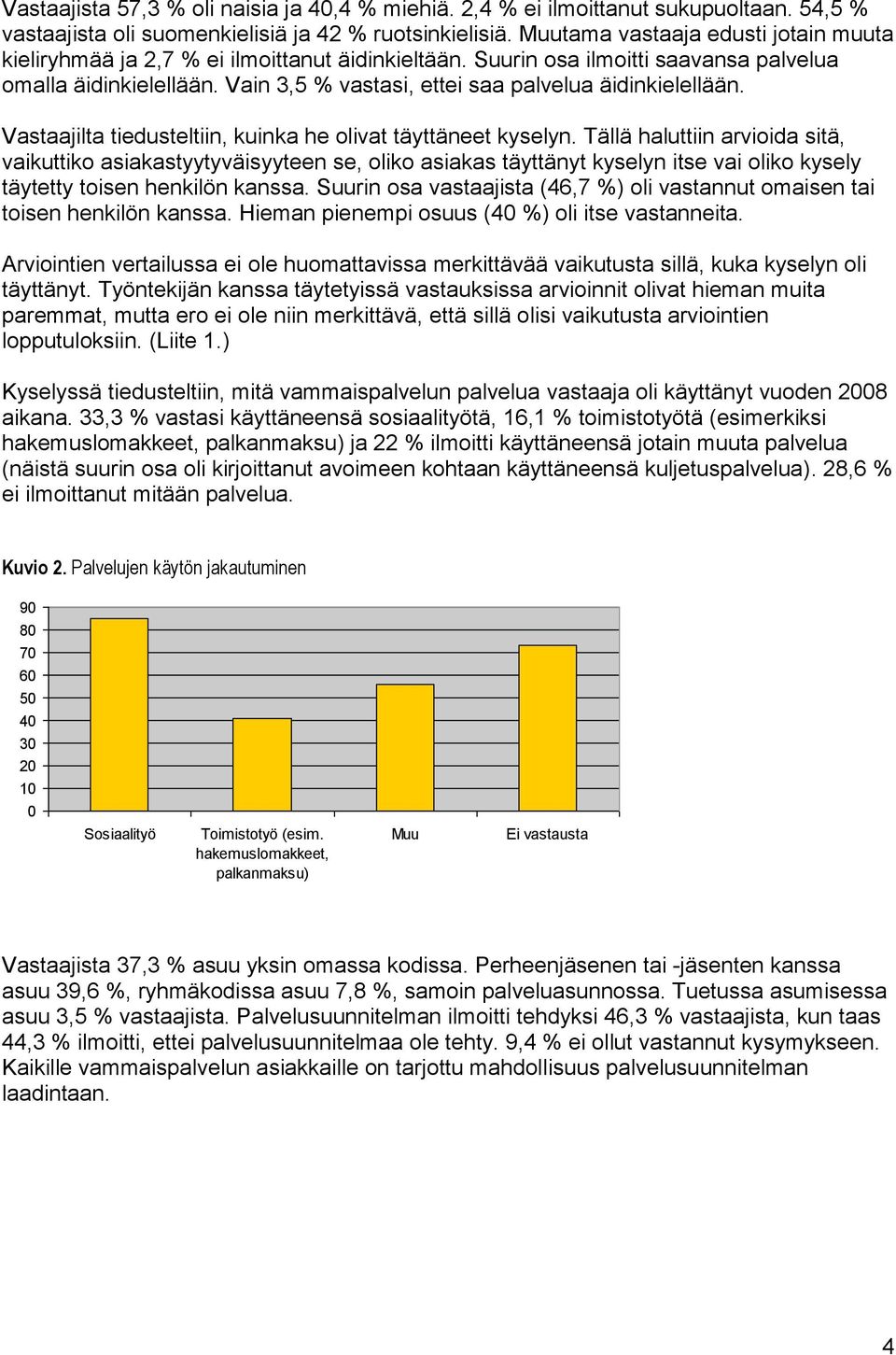 Vain,5 % vastasi, ettei saa palvelua äidinkielellään. Vastaajilta tiedusteltiin, kuinka he olivat täyttäneet kyselyn.