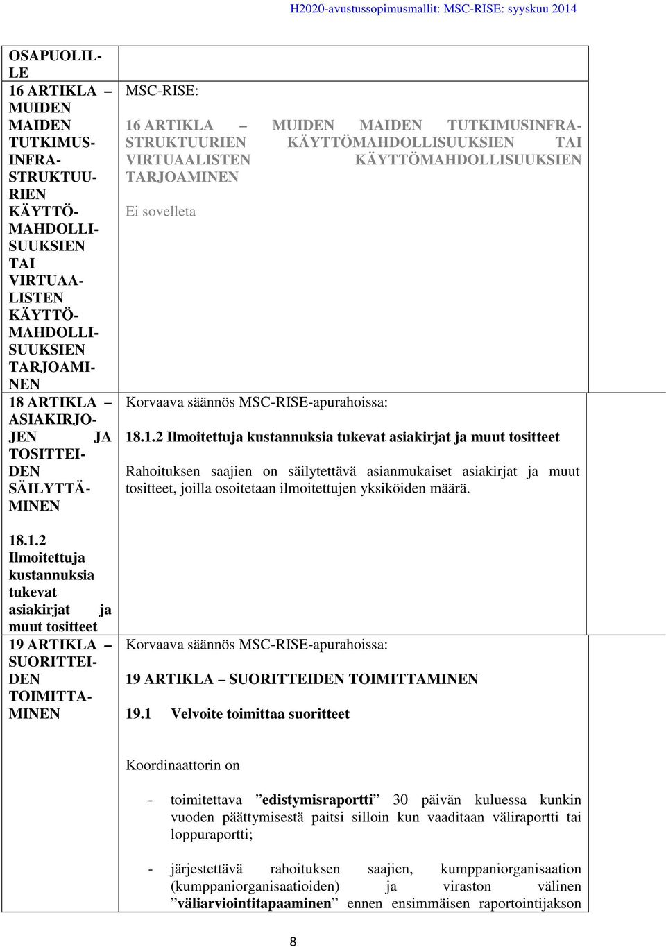 .1.2 Ilmoitettuja kustannuksia tukevat asiakirjat ja muut tositteet 19 ARTIKLA SUORITTEI- DEN TOIMITTA- MINEN 16 ARTIKLA MUIDEN MAIDEN TUTKIMUSINFRA- STRUKTUURIEN KÄYTTÖMAHDOLLISUUKSIEN TAI