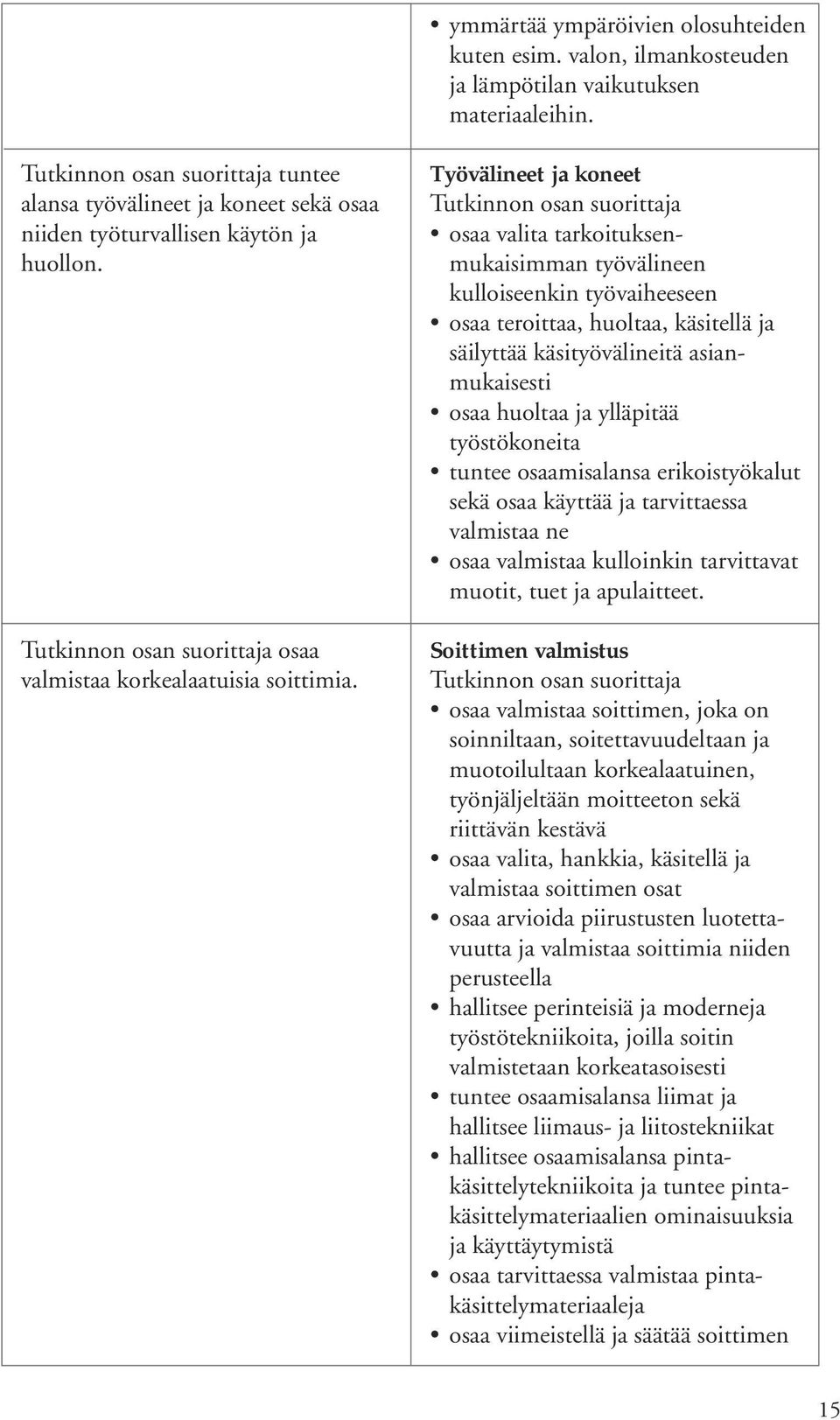 Työvälineet ja koneet osaa valita tarkoituksenmukaisimman työvälineen kulloiseenkin työvaiheeseen osaa teroittaa, huoltaa, käsitellä ja säilyttää käsityövälineitä asianmukaisesti osaa huoltaa ja