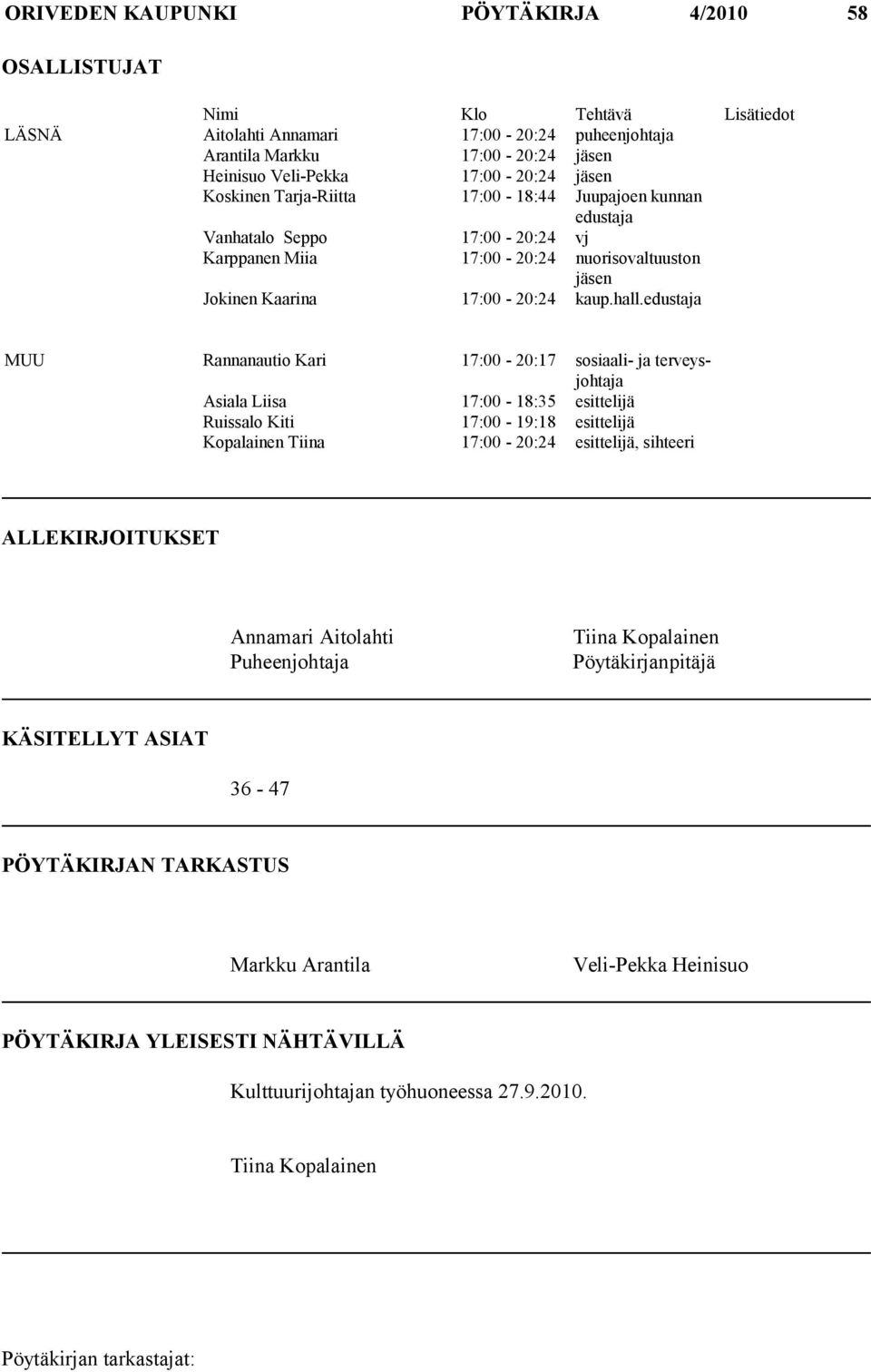 edustaja MUU Rannanautio Kari 17:00-20:17 sosiaali- ja terveysjohtaja Asiala Liisa 17:00-18:35 esittelijä Ruissalo Kiti 17:00-19:18 esittelijä Kopalainen Tiina 17:00-20:24 esittelijä, sihteeri