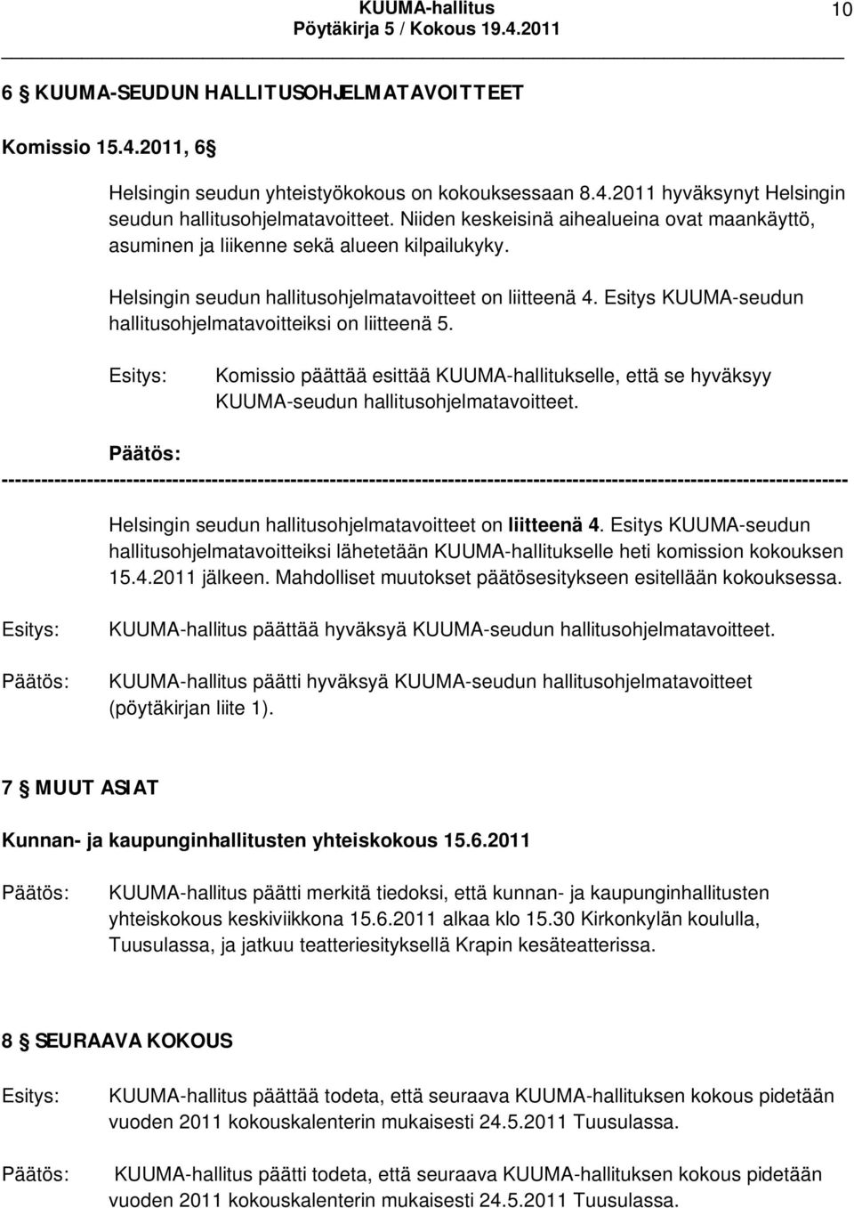 Esitys KUUMA-seudun hallitusohjelmatavoitteiksi on liitteenä 5. Komissio päättää esittää KUUMA-hallitukselle, että se hyväksyy KUUMA-seudun hallitusohjelmatavoitteet.