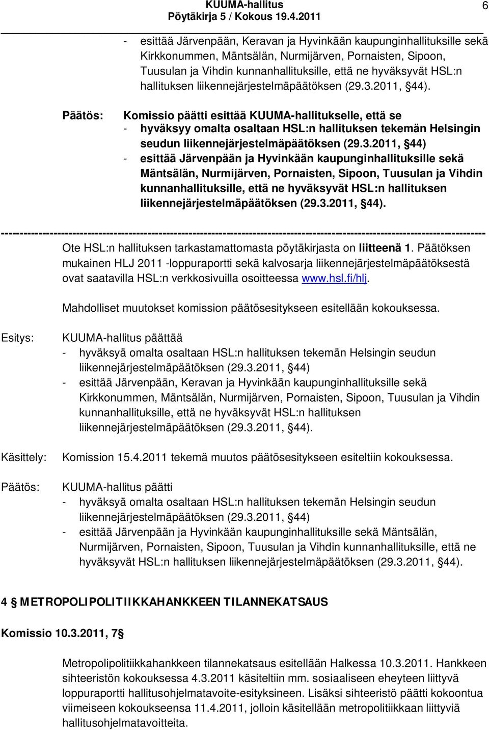 Komissio päätti esittää KUUMA-hallitukselle, että se - hyväksyy omalta osaltaan HSL:n hallituksen tekemän Helsingin seudun liikennejärjestelmäpäätöksen (29.3.