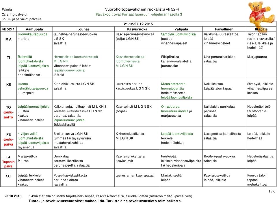 2015 vk 52/1 Aamupala Lounas Kasvisruoka Välipala Päivällinen Iltapala kaurapuuroa marjoja Jauheliha-perunasosevuokaa L G S K Kasvis-perunasosevuokaa (soija) Sämpylä luomuviljoista