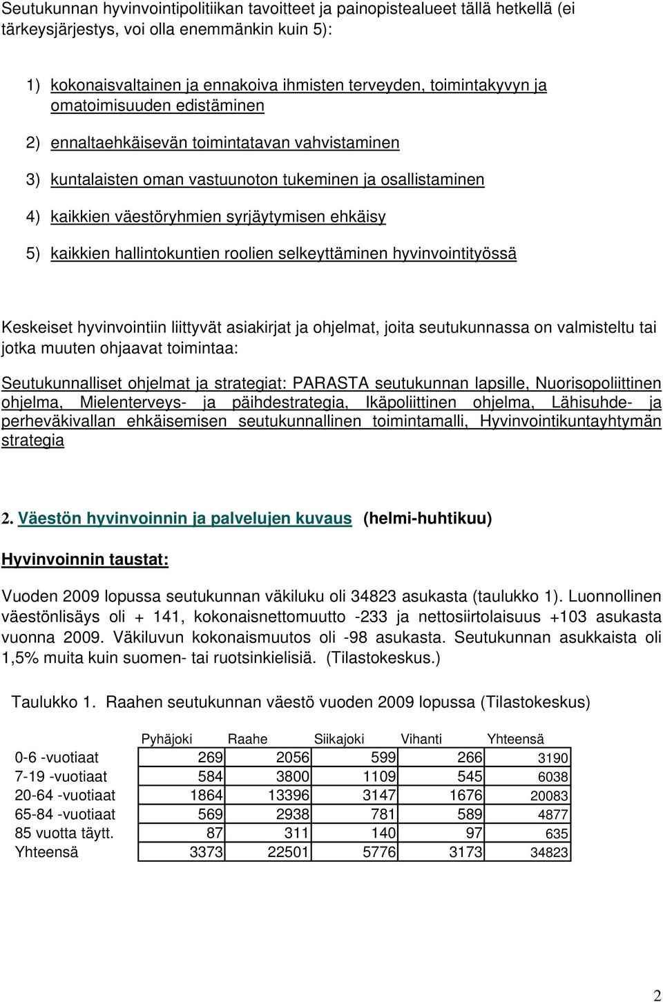 hallintokuntien roolien selkeyttäminen hyvinvointityössä Keskeiset hyvinvointiin liittyvät asiakirjat ja ohjelmat, joita seutukunnassa on valmisteltu tai jotka muuten ohjaavat toimintaa: