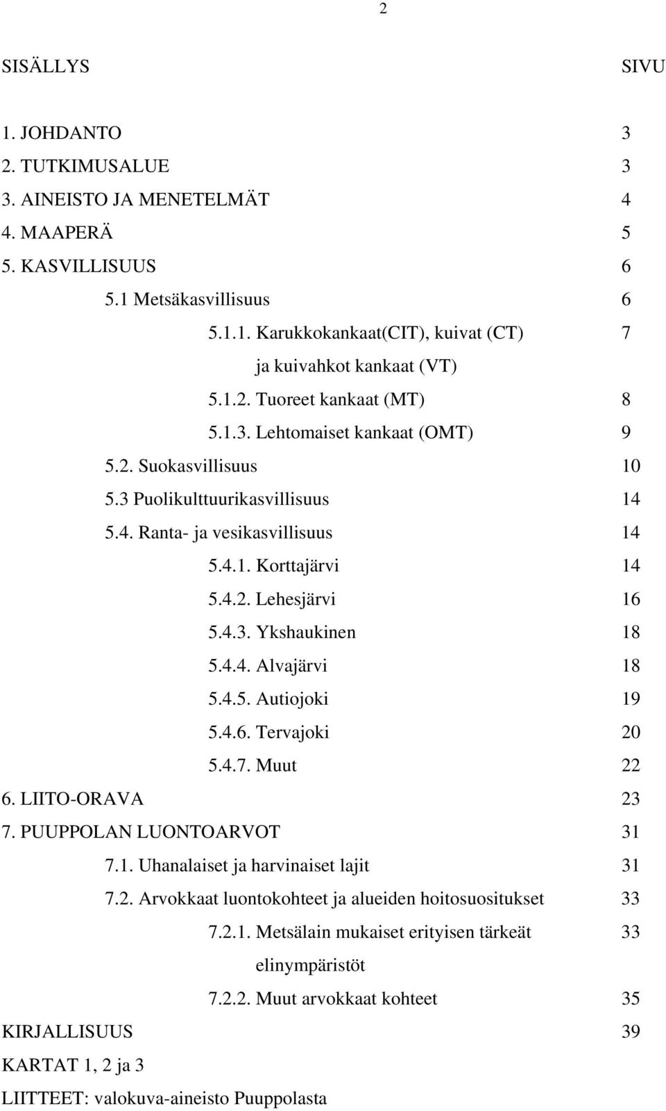 4.3. Ykshaukinen 18 5.4.4. Alvajärvi 18 5.4.5. Autiojoki 19 5.4.6. Tervajoki 20 5.4.7. Muut 22 6. LIITO-ORAVA 23 7. PUUPPOLAN LUONTOARVOT 31 7.1. Uhanalaiset ja harvinaiset lajit 31 7.2. Arvokkaat luontokohteet ja alueiden hoitosuositukset 33 7.