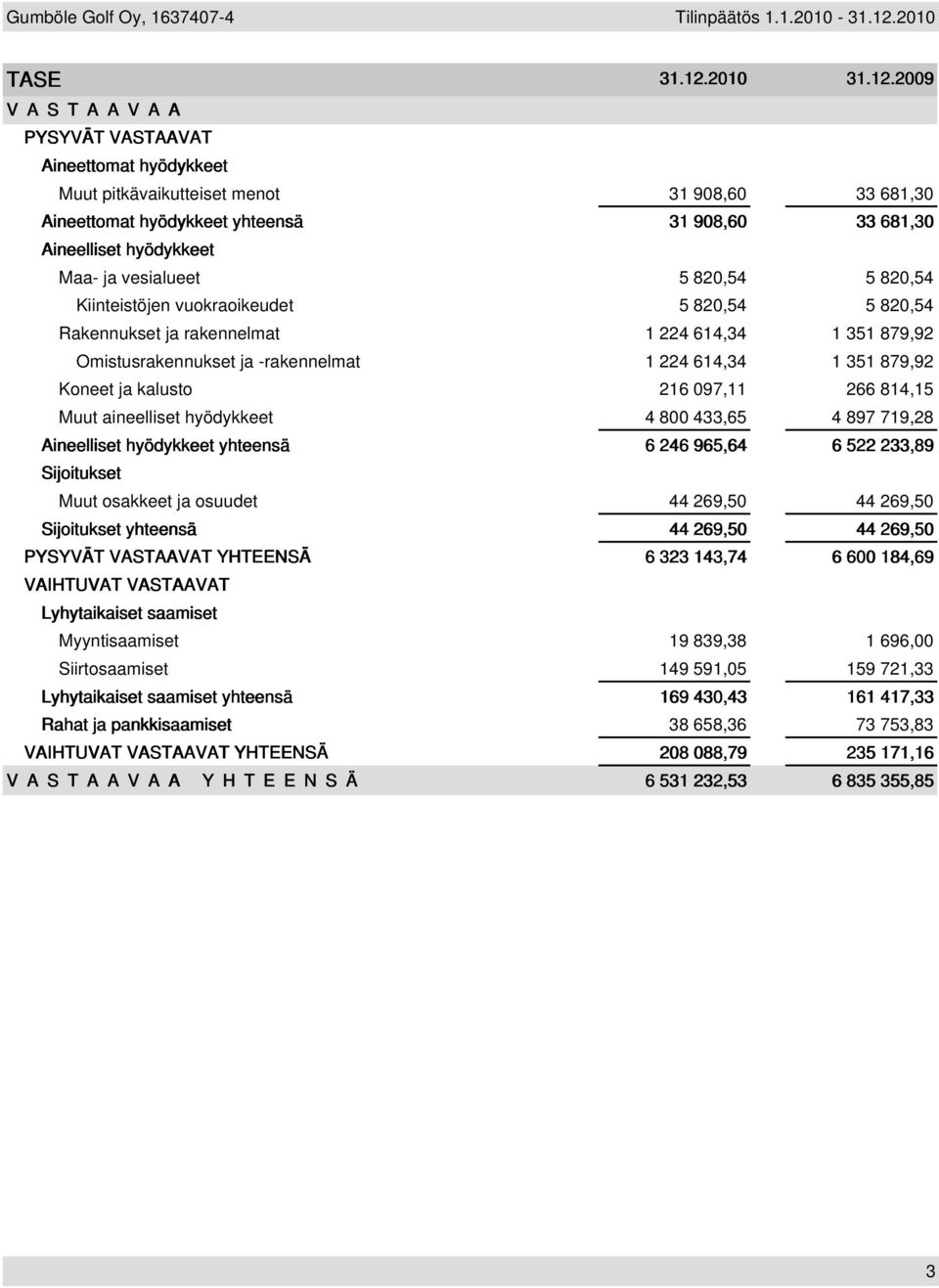 2009 VASTAAVAA PYSYVÄT VASTAAVAT Aineettomat hyödykkeet Muut pitkävaikutteiset menot 31 908,60 33 681,30 Aineettomat hyödykkeet yhteensä 31 908,60 33 681,30 Aineelliset hyödykkeet Maa- ja vesialueet