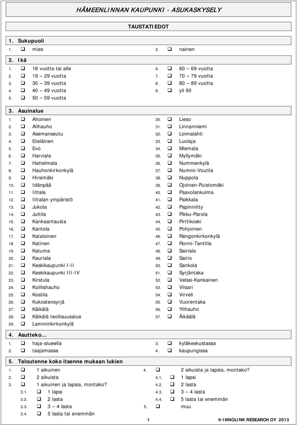 Myllymäki 7. Hattelmala 36. Nummenkylä 8. Hauhonkirkonkylä 37. Nummi-Voutila 9. Hirsimäki 38. Nuppola 10. Idänpää 39. Ojoinen-Puistomäki 11. Iittala 40. Paavolankulma 12. Iittalan ympäristö 41.