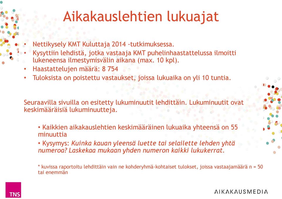 Haastattelujen määrä: 8 754 Tuloksista on poistettu vastaukset, joissa lukuaika on yli 10 tuntia. Seuraavilla sivuilla on esitetty lukuminuutit lehdittäin.