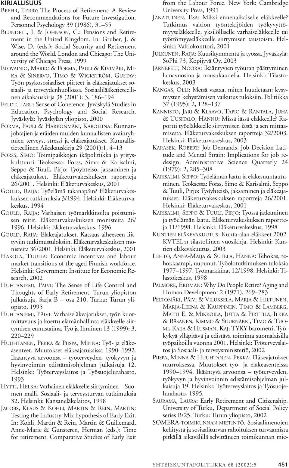London and Chicago: The University of Chicago Press, 1999 ELOVAINIO, MARKO & FORMA, PAULI & KIVIMÄKI, MI- KA & SINERVO, TIMO & WICKSTRÖM, GUSTAV: Työn psykososiaaliset piirteet ja eläkeajatukset