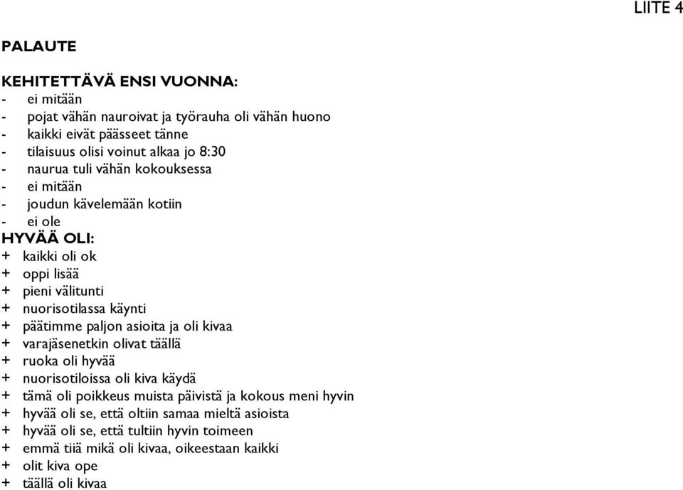 päätimme paljon asioita ja oli kivaa + varajäsenetkin olivat täällä + ruoka oli hyvää + nuorisotiloissa oli kiva käydä + tämä oli poikkeus muista päivistä ja kokous meni